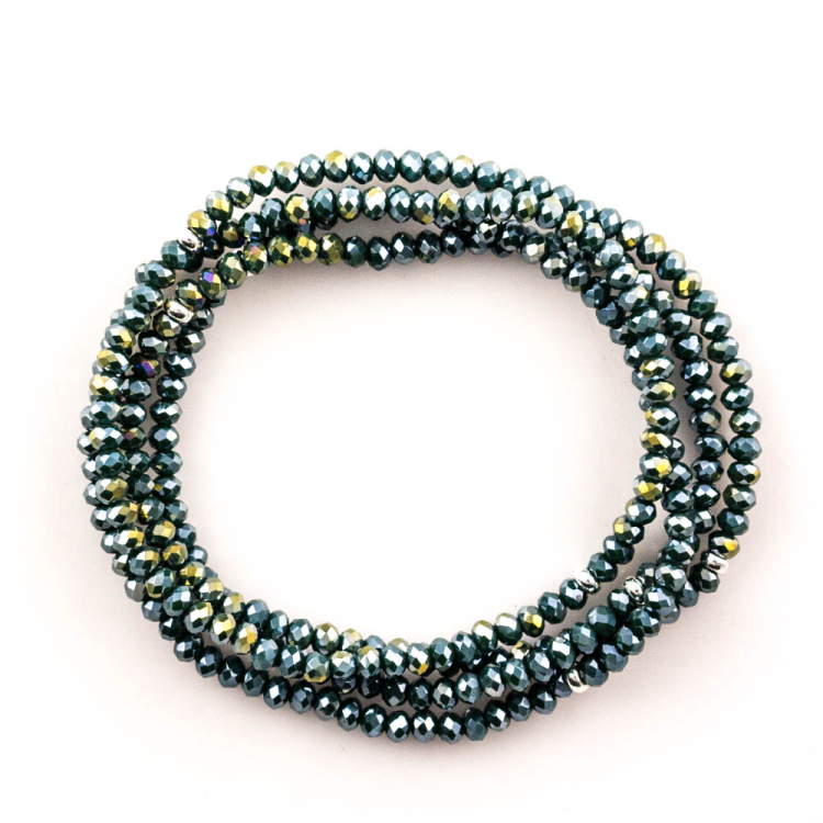 Bracelet 4-fois élast verre vert mousse métallisé rondelles facettés